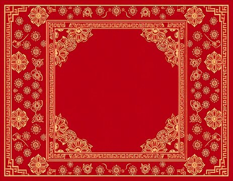 Intricate gold floral border on a red background