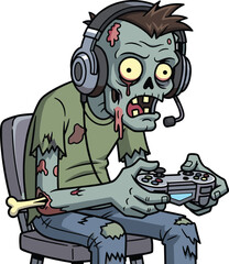 Zombie gamer, scary gamer, horror zombie, creepy player, undead gamer, spooky streamer, evil gamer, Halloween zombie, cad drawing flat vector illustration