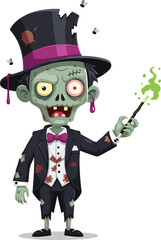Zombie magician, scary magician, horror zombie, creepy wizard, undead illusionist, spooky sorcerer, evil magician, Halloween zombie, cad drawing flat vector illustration