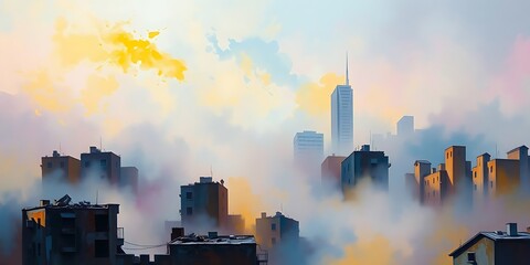 A colorful and hazy cityscape rises through a sea of clouds, with a towering skyscraper in the distance.