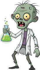 Zombie scientist cartoon, undead mad doctor illustration, horror laboratory character, scary funny vector art, bubbling flask experiment, cad drawing flat vector illustration