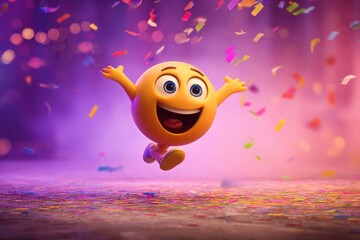 Joyful emoji character celebrating with confetti in a vibrant, colorful party atmosphere