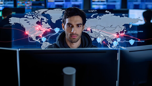 Cyber Sentinel: An intense, focused man with a world map on the monitors working on Cybersecurity, surrounded by an array of screens.