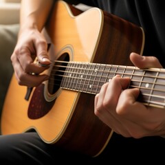 Obraz premium Hands strumming acoustic guitar on lap, wood grain visible, soft side lighting.