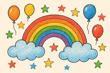 rainbow and clouds hand drawn with fluffy clouds balloons and colorful stars on a light background