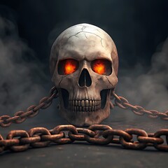 A weathered skull with menacing, glowing orange eyes sits behind a rusty chain on a smoky, dark background.
