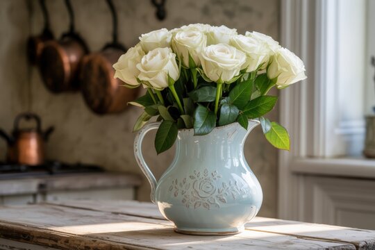 A bouquet of white roses in a pale blue ceramic pitcher on a rustic wooden table - Powered by Adobe