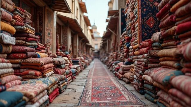 Vibrant carpet market showcases intricate patterns and colors in a historic setting