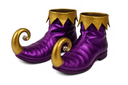 Pair of purple and gold curled toe elf shoes