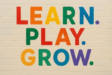 Brightly colored wooden letters spell learn play grow on a light wood background