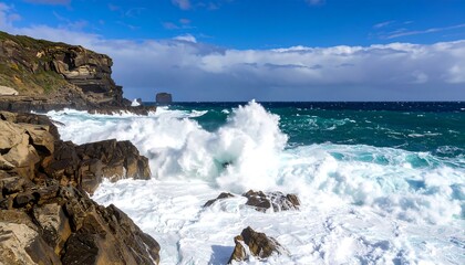 Crashing waves along a rocky coastline under a cloudy blue sky, with distant island