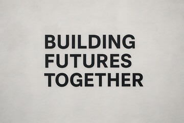Inspiring message of building futures together in bold black text on a textured neutral background