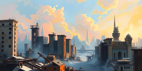 A sprawling cityscape with historical and modern buildings under a dramatic, cloudy sky at sunrise.