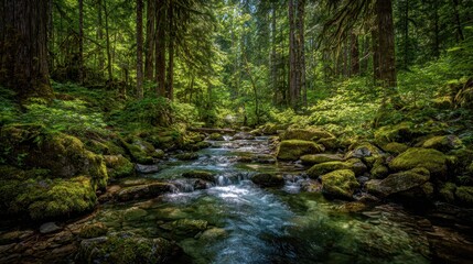 Obraz premium Verdant Forest Stream - Sunlight Filtering Through Lush Trees.