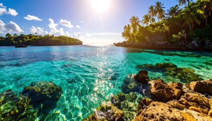 Idyllic Tropical Island Cove: Turquoise Waters, Palm Trees, and Sunlit Rocks