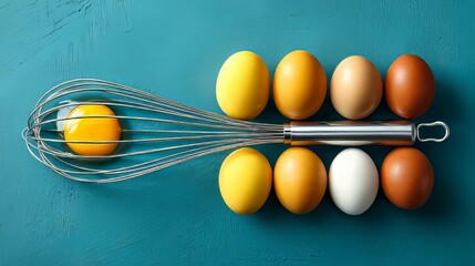Whisk Placed Among Colorful Eggs on Turquoise Surface for Culinary Inspiration