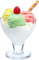 Delicious ice cream cone topped with caramel swirl and whipped cream. PNG image with transparent background (no background).