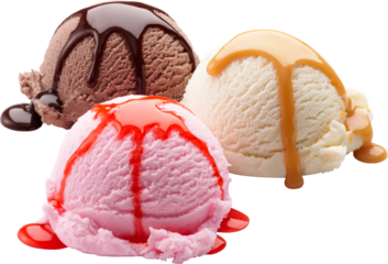 Delicious ice cream cone topped with caramel swirl and whipped cream. PNG image with transparent background (no background).