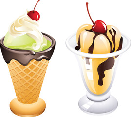Delicious ice cream cone topped with caramel swirl and whipped cream. PNG image with transparent background (no background).