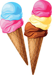 Delicious ice cream cone topped with caramel swirl and whipped cream. PNG image with transparent background (no background).