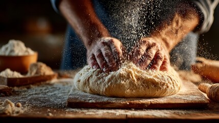 Hands Kneading Dough with Flour in a Rustic Kitchen on a Wooden Surface