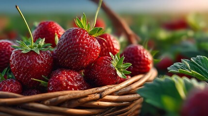 Fresh Red Strawberries in a Rustic Basket Surrounded by Green Leaves