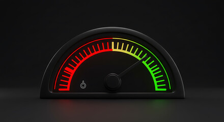 Naklejka premium Modern digital gauge with red, yellow, green zones. Performance, risk, or status indicator on dark background.