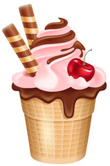 Delicious ice cream cone topped with caramel swirl and whipped cream. PNG image with transparent background (no background).