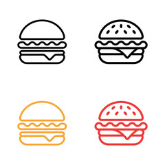 Fototapeta premium Collection of isolated outlined burger icons in black, yellow and red colors on white background