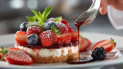 Delicious Berry Dessert with Cream and Mint Leaves on a Plate