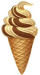 Delicious ice cream cone topped with caramel swirl and whipped cream. PNG image with transparent background (no background).