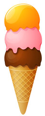 Delicious ice cream cone topped with caramel swirl and whipped cream. PNG image with transparent background (no background).