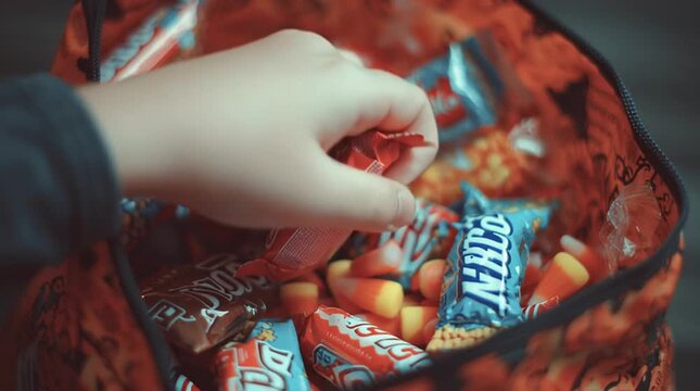 Close up of a hand reaching into a halloween bag filled with candy like kitkats and candy corn sweets