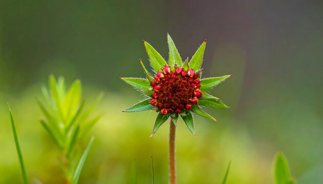 Vibrant red bud blooms on slender stem, green background