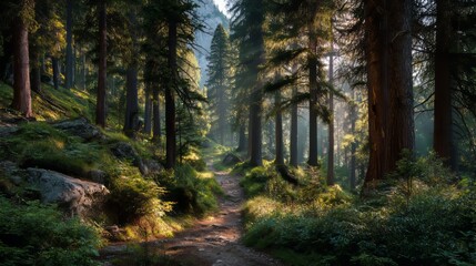 Serene Forest Path bathed in Morning Light with Lush Greenery and Tall Trees