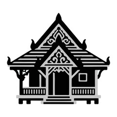 Black and white vector illustration of a traditional stilt house. Plain white background.