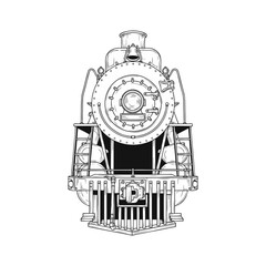 Black and white vector illustration of a locomotive train. Front view. Plain white background. © Priyono ono