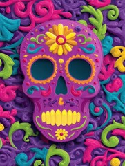 Colorful Sugar Skull Surrounded by Vibrant Floral Designs Celebrating Cultural Traditions and Festivities
