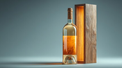 Elegant Display of White Wine Bottle with Wooden Box and Soft Lighting