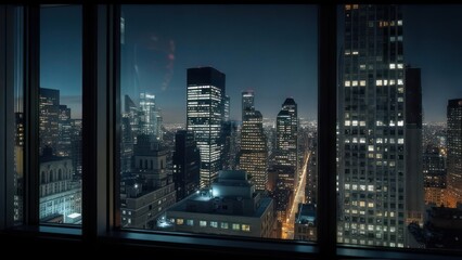 Cityscape at Night Through Window - Urban Illumination and Modern Architecture.