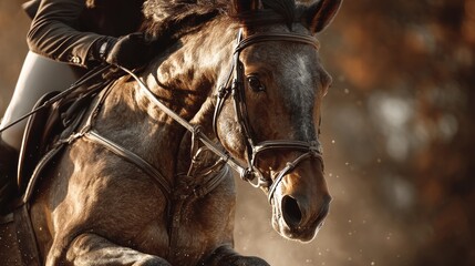 Intense Horse Riding Action in Autumn with Rider in Elegant Attire on Dark Horse
