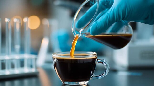 Pouring coffee into a clear glass cup in a laboratory setting with test tubes in the background view