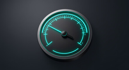 Sleek digital meter displaying progress or status with glowing cyan needle on dark background