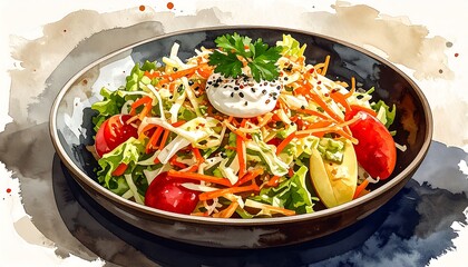 Watercolor image of a salad with lettuce, tomatoes, carrots, and cream dressing