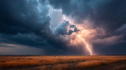 Dramatic Lightning Strikes Over Open Fields Under Ominous Thunderclouds