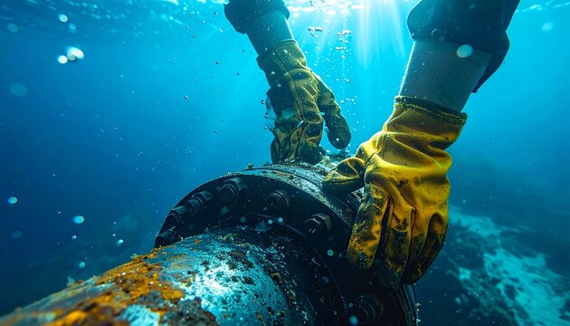 Diver's gloved hands manipulate a rusty underwater valve, illuminated by sunbeams piercing the deep blue ocean.