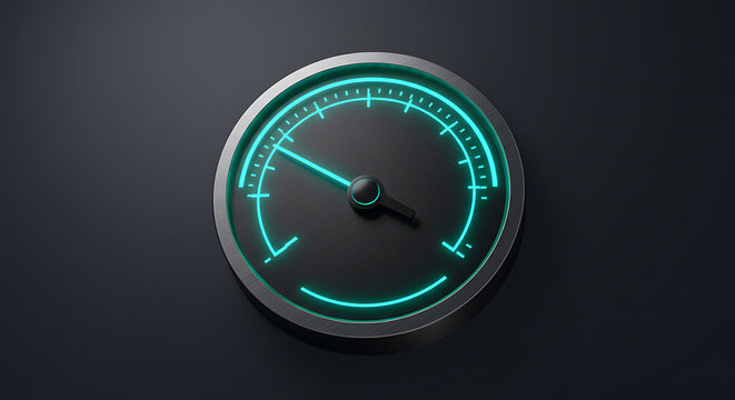 Sleek digital meter displaying progress or status with glowing cyan needle on dark background - Powered by Adobe