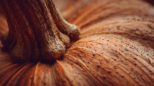 Close up of a pumpkin stem showing texture and detail in warm autumn light and earthy tones pumpkin
