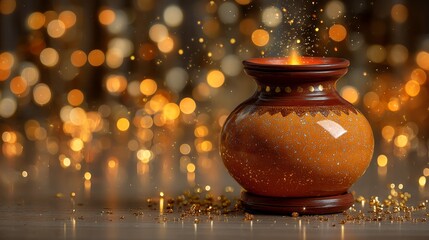 Elegant Terracotta Pot with Glowing Light and Sparkling Bokeh Background