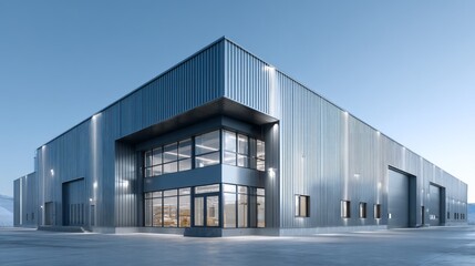 Modern Industrial Building with Sleek Metal Exterior and Large Windows at Dusk